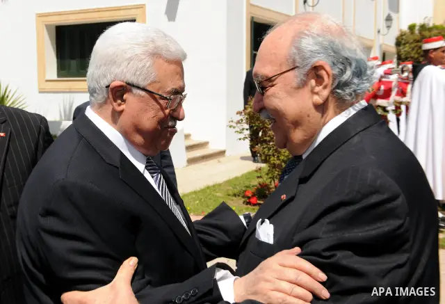 Palestinian President Mahmoud Abbas during a meeting with Tunisian President Fouad Mebazaa in Tunisia on April 19,2011. Photo by Thaer Ganaim