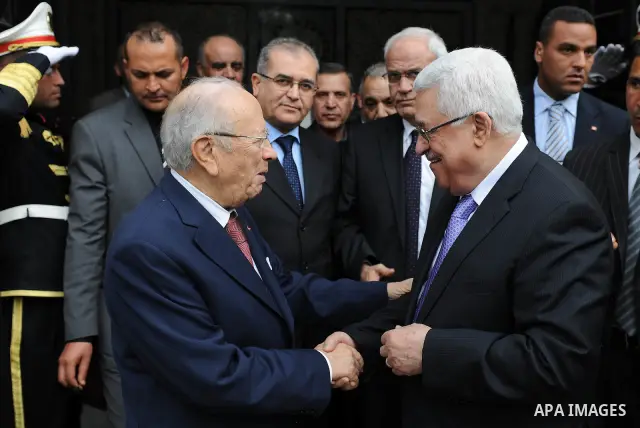 Palestinian President Mahmoud Abbas (Abu Mazen) during a meeting with Prime Minister of Tunisia Badji Sbsi.in Tunisia on April 19, 2011. Photo by Thaer Ganaim