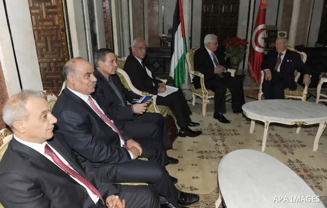 Palestinian President Mahmoud Abbas (Abu Mazen) during a meeting with Prime Minister of Tunisia Badji Sbsi.in Tunisia on April 19, 2011. Photo by Thaer Ganaim