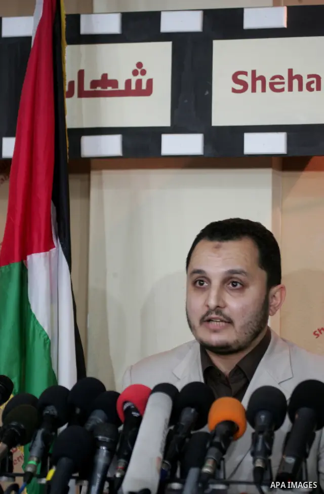 The spokesman of Interior Ministry, Ehab al-Ghousaen speaks to media after Two of the main suspects in the killing of Vittorio Arrigoni in the Gaza Strip were killed during a raid by Hamas security forces seeking to deta...