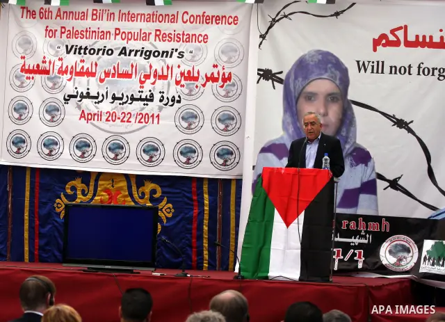 Palestinian prime minister Salam Fayyad participates the opening ceremony of the 6th Bilin international conference for Palestinian Popular Resistance on April 20, 2011 in West Bank village of Bilin, near Ramallah. Fayya...