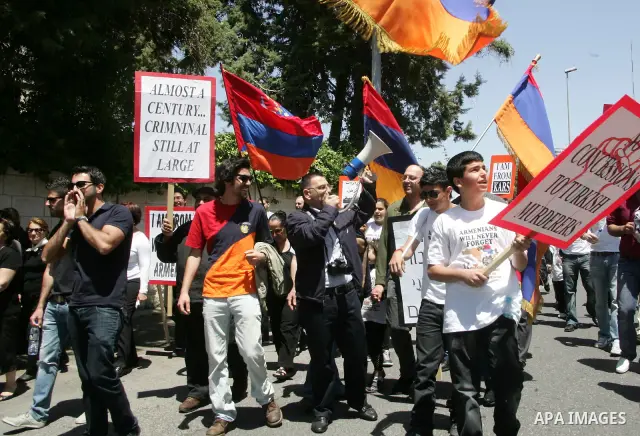Members of the Armenian community in Jerusalem rally outside the Turkish consulate in Jerusalem on April 24, 2011 to mark the 96th anniversary of mass killings of Armenians under the Ottoman Empire. Armenians say up to 1...