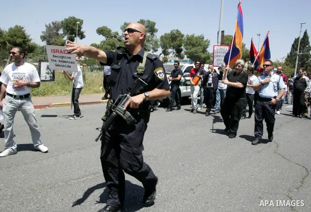 Members of the Armenian community in Jerusalem rally outside the Turkish consulate in Jerusalem on April 24, 2011 to mark the 96th anniversary of mass killings of Armenians under the Ottoman Empire. Armenians say up to 1...