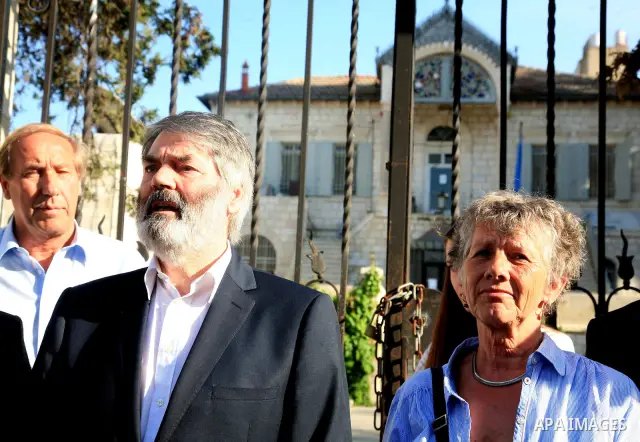 European Parliament deputies gather to attend a press conference in front of Orient House in East Jerusalem on April 26,2011. Photo by Sliman Khader