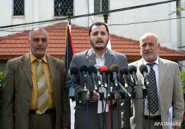 The spokesmanof the Interior Ministry, Iyhab Al-Ghousaen delivers speech during a press conference in Gaza City on April 27,2011. Photo by Mohammed Asad