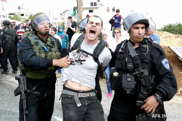 Israeli soldiers detain a pro-Palestinian activist during protest against the expropriation of Palestinian land to expand the Jewish settlement of Halmish on April 29, 2011 in the West Bank village of Nabi Saleh. Photo b...