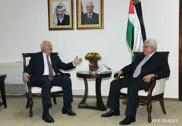 Palestinian President Mahmoud Abbas (Abu Mazen) during his meeting with the Spanish Foreign Minister, Miguel Moratinos in the West Bank city of Ramallah on April 29, 2011. Photo by Thaer Ganaim