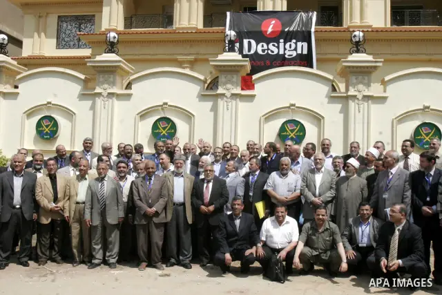 Members of Egypt's Muslim Brotherhood, the country's best organised movement take part in a press conference in Cairo on April 30, 2011, to announce the formation of a new party, the Freedom and Justice Party, to contest...