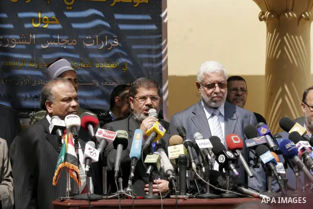 Members of Egypt's Muslim Brotherhood, the country's best organised movement take part in a press conference in Cairo on April 30, 2011, to announce the formation of a new party, the Freedom and Justice Party, to contest...