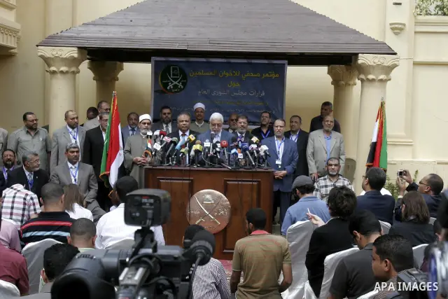 Members of Egypt's Muslim Brotherhood, the country's best organised movement take part in a press conference in Cairo on April 30, 2011, to announce the formation of a new party, the Freedom and Justice Party, to contest...