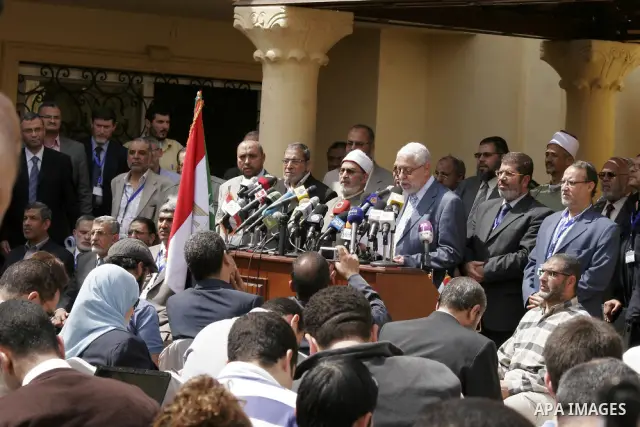 Members of Egypt's Muslim Brotherhood, the country's best organised movement take part in a press conference in Cairo on April 30, 2011, to announce the formation of a new party, the Freedom and Justice Party, to contest...