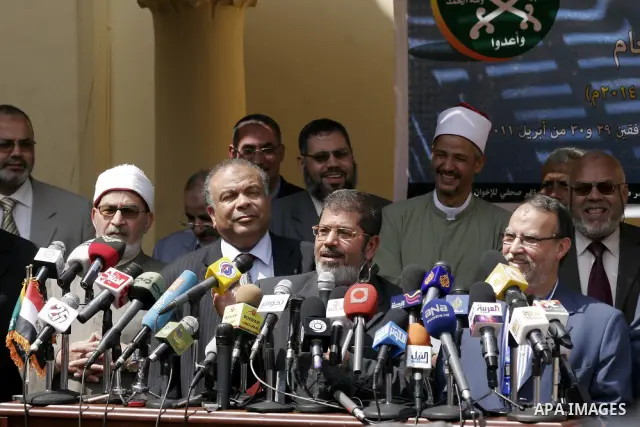 Members of Egypt's Muslim Brotherhood, the country's best organised movement take part in a press conference in Cairo on April 30, 2011, to announce the formation of a new party, the Freedom and Justice Party, to contest...