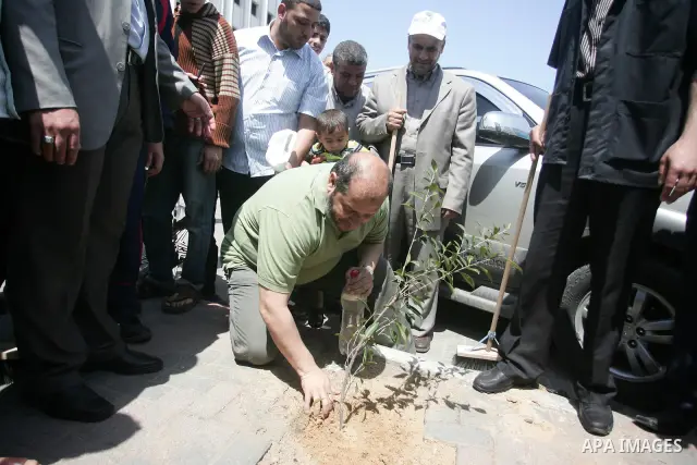 Palestinian Hamas leader, Khaleel Al-Hayia Participate in cleaning streets and planting olive trees during a campaign organized by Hamas in Gaza City on May 1, 2011. Photo by Mohammed Othman