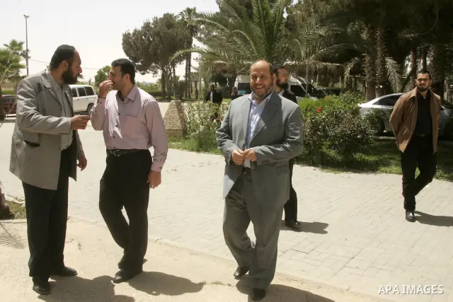 Senior member of the Islamic Hamas movement Khalil al-Hayeh arrives at the Rafah border terminal in the southern Gaza Strip on May 03, 2011 before crossing to Egypt, as Palestinian factions will ink a reconciliation deal...