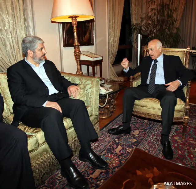 Egyptian Foreign Minister, Nabil al-Arabi meets with Senior Hamas Leader Khaled Mashaal in Cairo on May 3, 2011. Palestinian factions signed a reconciliation deal in Cairo to end the divide between the West Bank and Gaza...