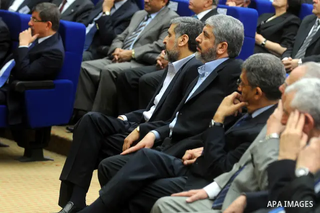 Senior Hamas leader Khaled Mashaal attends the signing of reconciliation agreement in Cairo, Egypt on May 4,2011. Fatah and Hamas officials lead a ceremony celebrating the signing of a reconciliation deal intended to rep...