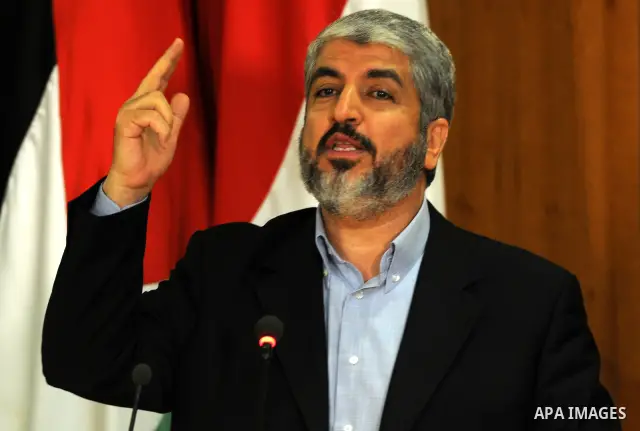 Senior Hamas leader Khaled Mashaal delivers speech during the signing of reconciliation agreement in Cairo, Egypt on May 4,2011. Fatah and Hamas officials lead a ceremony celebrating the signing of a reconciliation deal...