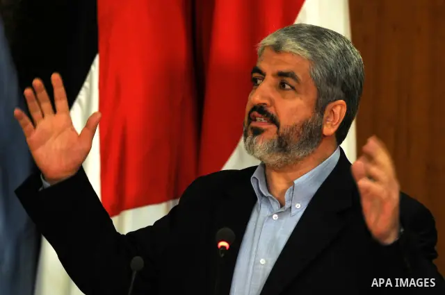 Senior Hamas leader Khaled Mashaal delivers speech during the signing of reconciliation agreement in Cairo, Egypt on May 4,2011. Fatah and Hamas officials lead a ceremony celebrating the signing of a reconciliation deal...