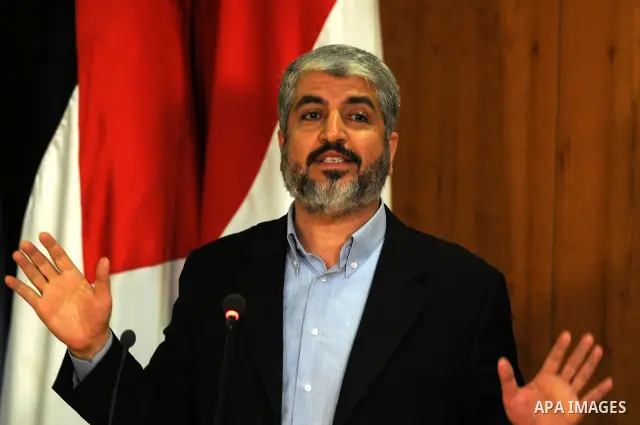 Senior Hamas leader Khaled Mashaal delivers speech during the signing of reconciliation agreement in Cairo, Egypt on May 4,2011. Fatah and Hamas officials lead a ceremony celebrating the signing of a reconciliation deal...
