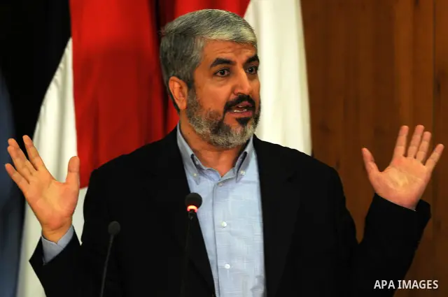Senior Hamas leader Khaled Mashaal delivers speech during the signing of reconciliation agreement in Cairo, Egypt on May 4,2011. Fatah and Hamas officials lead a ceremony celebrating the signing of a reconciliation deal...