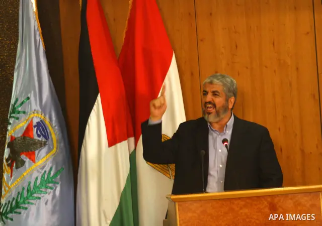 Senior Hamas leader Khaled Mashaal delivers speech during the signing of reconciliation agreement in Cairo, Egypt on May 4,2011. Fatah and Hamas officials lead a ceremony celebrating the signing of a reconciliation deal...