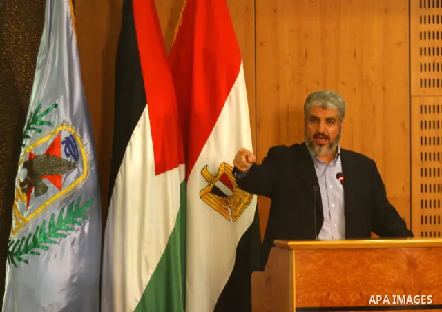 Senior Hamas leader Khaled Mashaal delivers speech during the signing of reconciliation agreement in Cairo, Egypt on May 4,2011. Fatah and Hamas officials lead a ceremony celebrating the signing of a reconciliation deal...