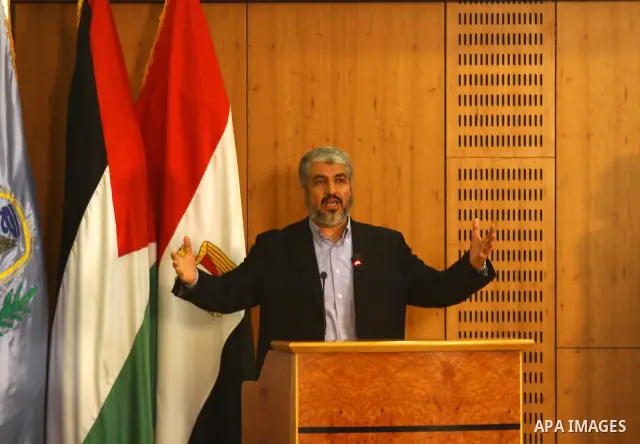 Senior Hamas leader Khaled Mashaal delivers speech during the signing of reconciliation agreement in Cairo, Egypt on May 4,2011. Fatah and Hamas officials lead a ceremony celebrating the signing of a reconciliation deal...