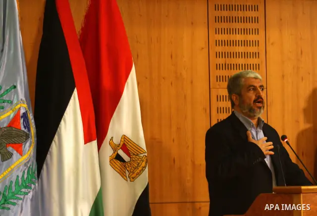 Senior Hamas leader Khaled Mashaal delivers speech during the signing of reconciliation agreement in Cairo, Egypt on May 4,2011. Fatah and Hamas officials lead a ceremony celebrating the signing of a reconciliation deal...