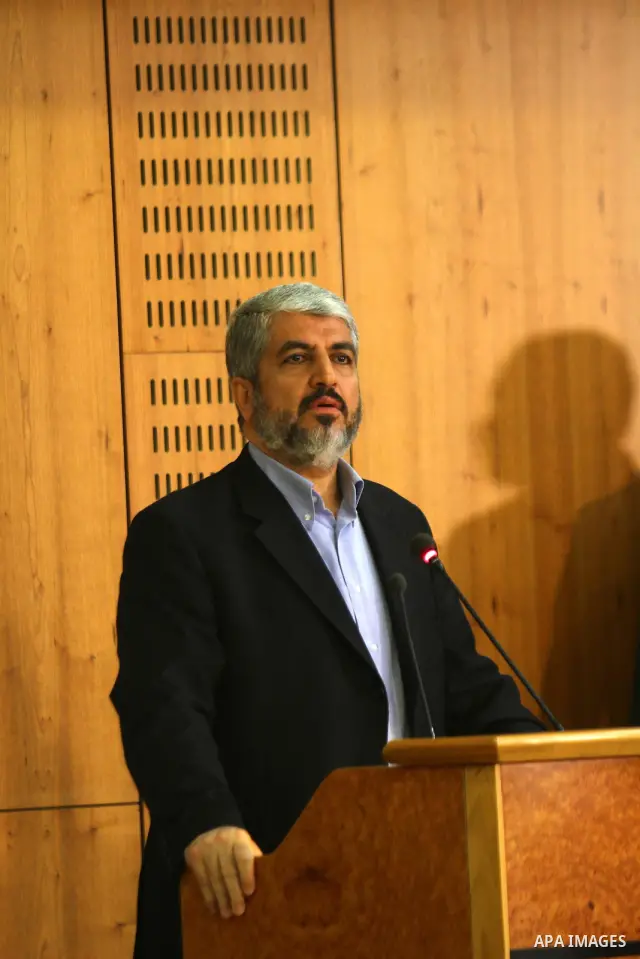 Senior Hamas leader Khaled Mashaal delivers speech during the signing of reconciliation agreement in Cairo, Egypt on May 4,2011. Fatah and Hamas officials lead a ceremony celebrating the signing of a reconciliation deal...