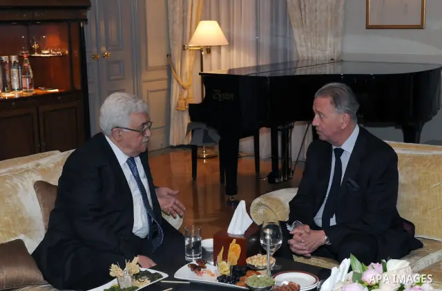 Palestinian President Mahmoud Abbas (Abu Mazen) a meeting with representative of the Secretary General of the United Nations, Terje Roed Larsen in Berlin, on May 4, 2011. Photo by Thaer Ganaimin