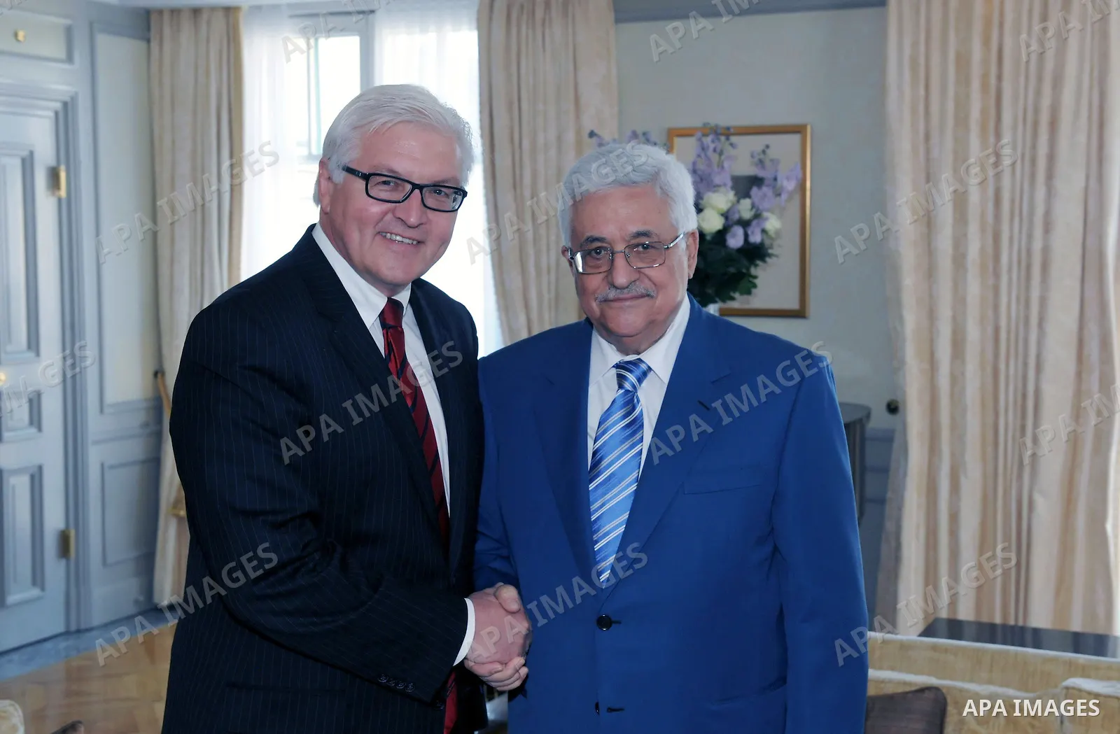 Palestinian President Mahmoud Abbas meets with the former German Foreign Minister Steiinumeir in Berlin on May 5,2011. Photo by Thaer Ganaim