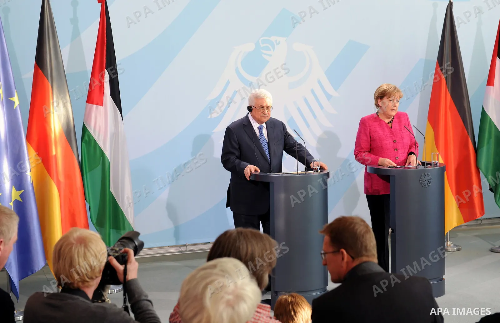 Palestinian President Mahmud Abbas meets with German Chancellor Angela Merkel at the chancellery on May 5, 2011 in Berlin. Germany stressed that it would not recognise a Palestinian state without Israel's acceptance afte...