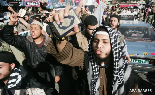 Palestinian Salafist groups shout slogans during a demonstration at Gaza central square, in Gaza city on May 7, 2011 to denounce the killing of late Al-Qaeda chief Osama bin Laden by US forces in Pakistan. Bin Laden was...
