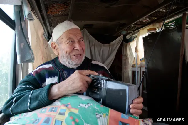 A Palestinian Sheikh Abed el-Haseeb Zaloum, 78 years, lives in a damaged bus, since his house was demolished before ten years by Israeli bulldozers near the Jewish settlement of Karyat Arbaa, in the West Bank city of Heb...