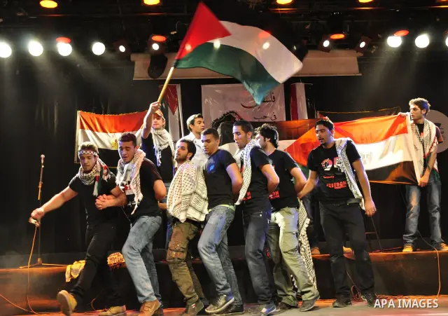 Egyptians and Palestinians gather in celebration To support the third intifada in El- Sawi Hall in Cairo, on May 7, 2011. Photo by Ahmed Asad
