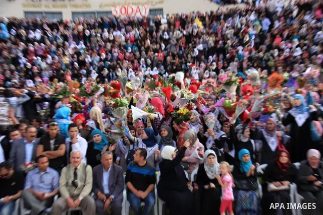 Palestinian students from the Fatah movement take part in a rally during their graduation ceremony at A-Najah University in the West Bank city of Nablus, Sunday, May 8, 2011. Photo by Wagdi Eshtayah