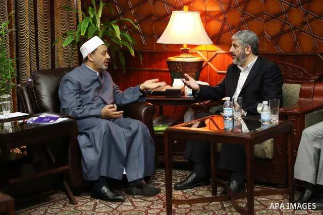 Senior Hamas leader Khaled Mashaal meets with Egyptian Al-Azhar sheikh clergyman, Ahmed al-Taeb in Cairo, Egypt on May 9,2011. Photo by Majd Majd
