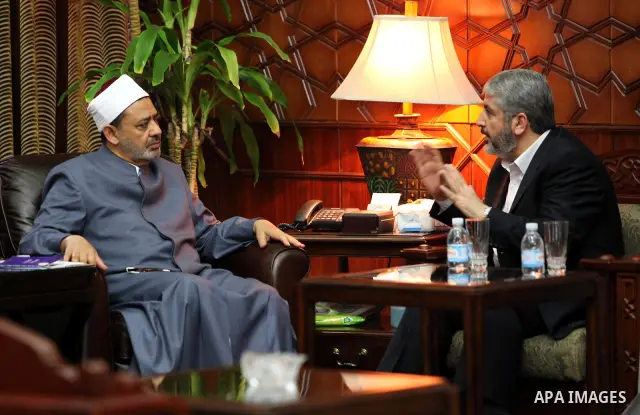 Senior Hamas leader Khaled Mashaal meets with Egyptian Al-Azhar sheikh clergyman, Ahmed al-Taeb in Cairo, Egypt on May 9,2011. Photo by Majd Majd