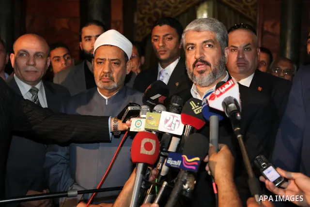 Senior Hamas leader Khaled Mashaal meets with Egyptian Al-Azhar sheikh clergyman, Ahmed al-Taeb in Cairo, Egypt on May 9,2011. Photo by Majd Majd