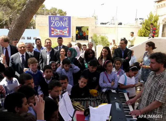 Palestinian Prime Minister, Salam Fayyad participates in a celebration to mark "Europe Day" in the West Bank city of Ramallah on May 9, 2011. France announced it would donate 10 million euros to the Palestinian Authority...