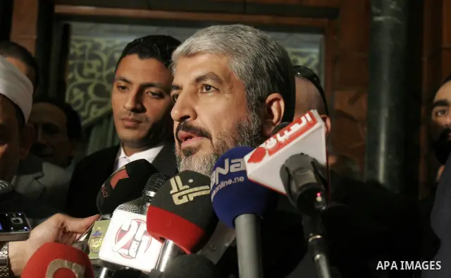 Hamas leader Khaled Mashaal meets with Ahmed al-Tayyeb, the sheikh of al-Azhar, the highest Islamic Sunni institution, during his visit in Cairo, Egypt, Monday, May 9, 2011. Photo by Ahmed Asad