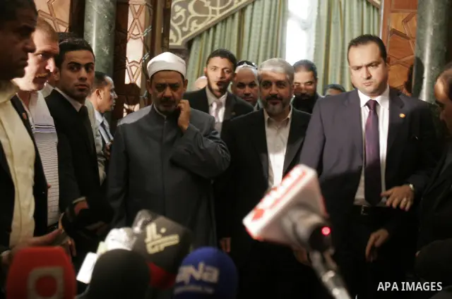 Hamas leader Khaled Mashaal meets with Ahmed al-Tayyeb, the sheikh of al-Azhar, the highest Islamic Sunni institution, during his visit in Cairo, Egypt, Monday, May 9, 2011. Photo by Ahmed Asad