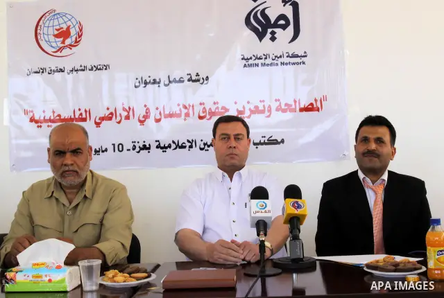 Dyab al-Louh, the Palestinian member of Fatah Revolutionary council attends a press conference about the Palestinian reconciliation between Fatah and Hamas in Gaza City on May 10,2011. Photo by Mohammed Asad