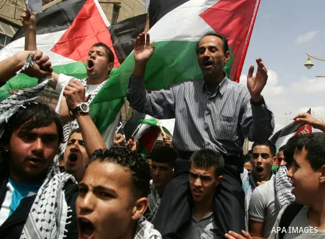 Palestinians take part in a demonstration to mark the 63th anniversary of "Nakba" (catastrophe), in the West Bank city of Bethlehem, on May 12, 2011. Nakba means "catastrophe" in reference to the birth of the state of Is...