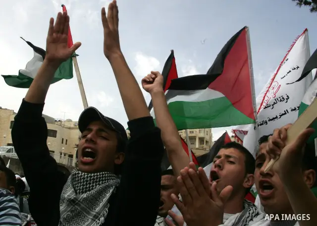 Palestinians take part in a demonstration to mark the 63th anniversary of "Nakba" (catastrophe), in the West Bank city of Bethlehem, on May 12, 2011. Nakba means "catastrophe" in reference to the birth of the state of Is...