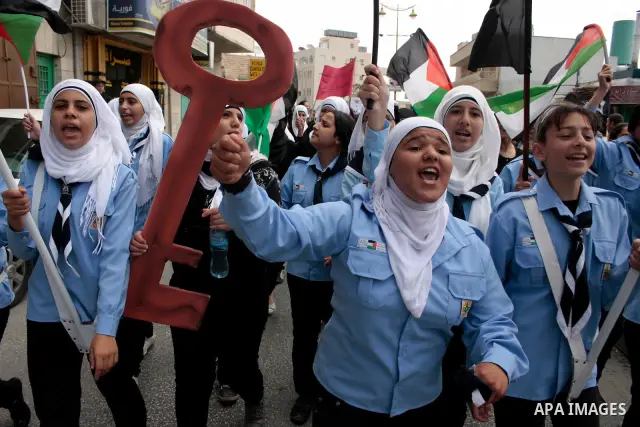 Palestinians take part in a demonstration to mark the 63th anniversary of "Nakba" (catastrophe), in the West Bank city of Bethlehem, on May 12, 2011. Nakba means "catastrophe" in reference to the birth of the state of Is...