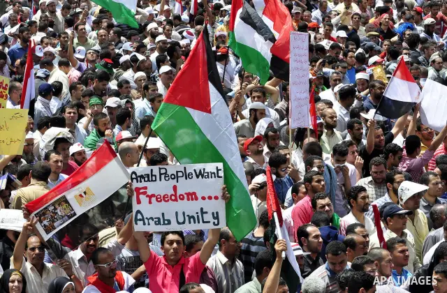 Egyptian demonstrators wave a Palestinian flag during a rally at Cairo's Tahrir Square on May 13, 2011 during a protest calling for national unity after attacks on Egyptian churches, and solidarity with the Palestinians...