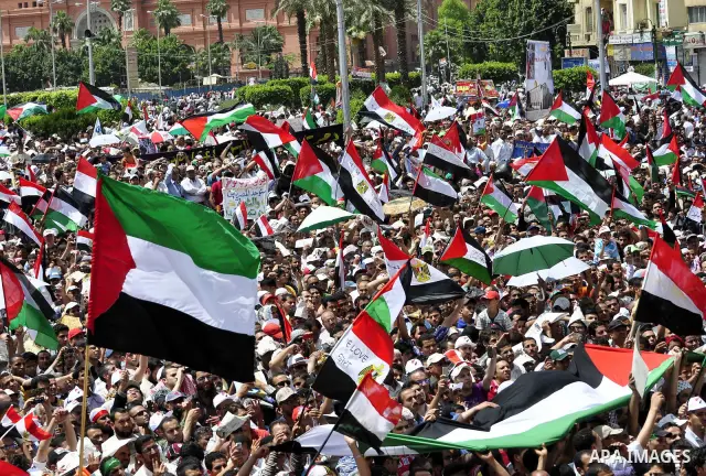 Egyptian demonstrators wave Palestinian flags and Egyptian flags during a rally at Cairo's Tahrir Square on May 13, 2011 during a protest calling for national unity after attacks on Egyptian churches, and solidarity with...