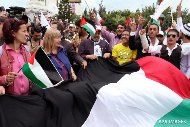Palestinians Artists take part in a demonstration to mark the 63th anniversary of "Nakba" (catastrophe), in Gaza city, on May 14, 2011. Nakba means "catastrophe" in reference to the birth of the state of Israel 63 years...