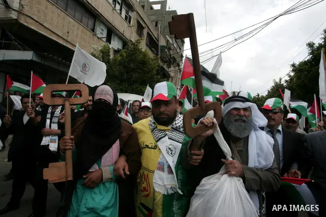Palestinians Artists take part in a demonstration to mark the 63th anniversary of "Nakba" (catastrophe), in Gaza city, on May 14, 2011. Through the display of theatrical sketch. Nakba means "catastrophe" in reference to...
